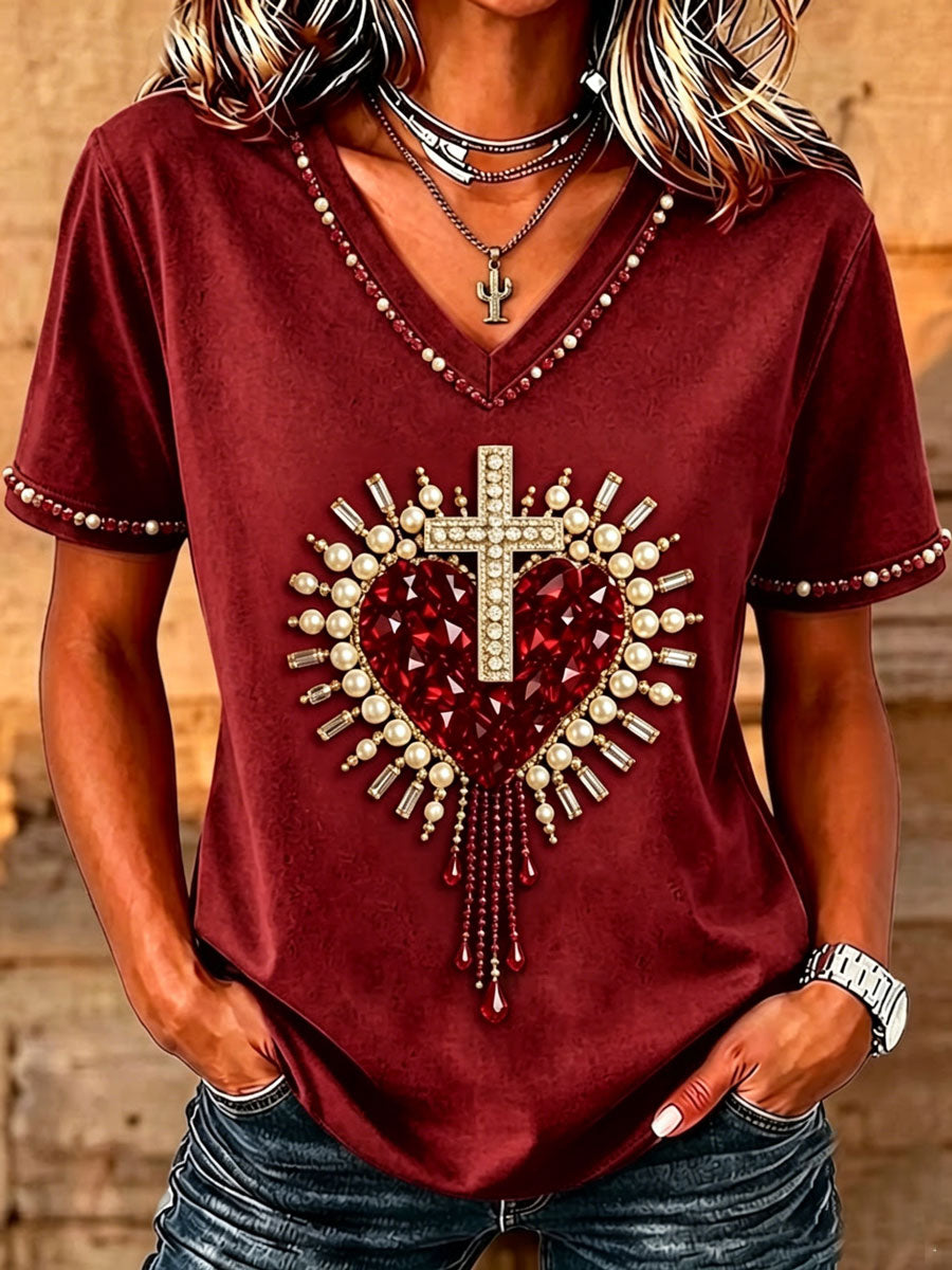 Women's Christian Cross Bead Embroidery Art T-Shirt