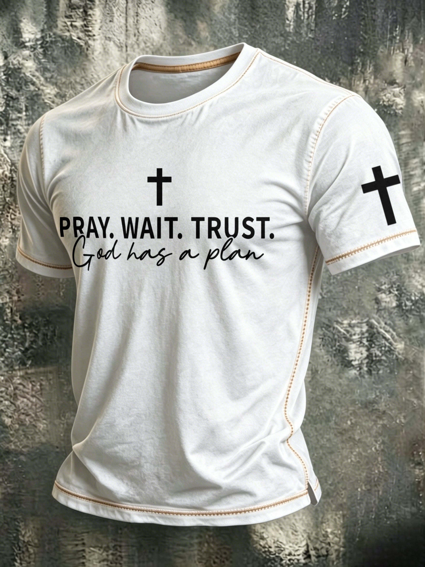 Faith Cross Slogan Commemorative Printed Round Neck T-Shirt