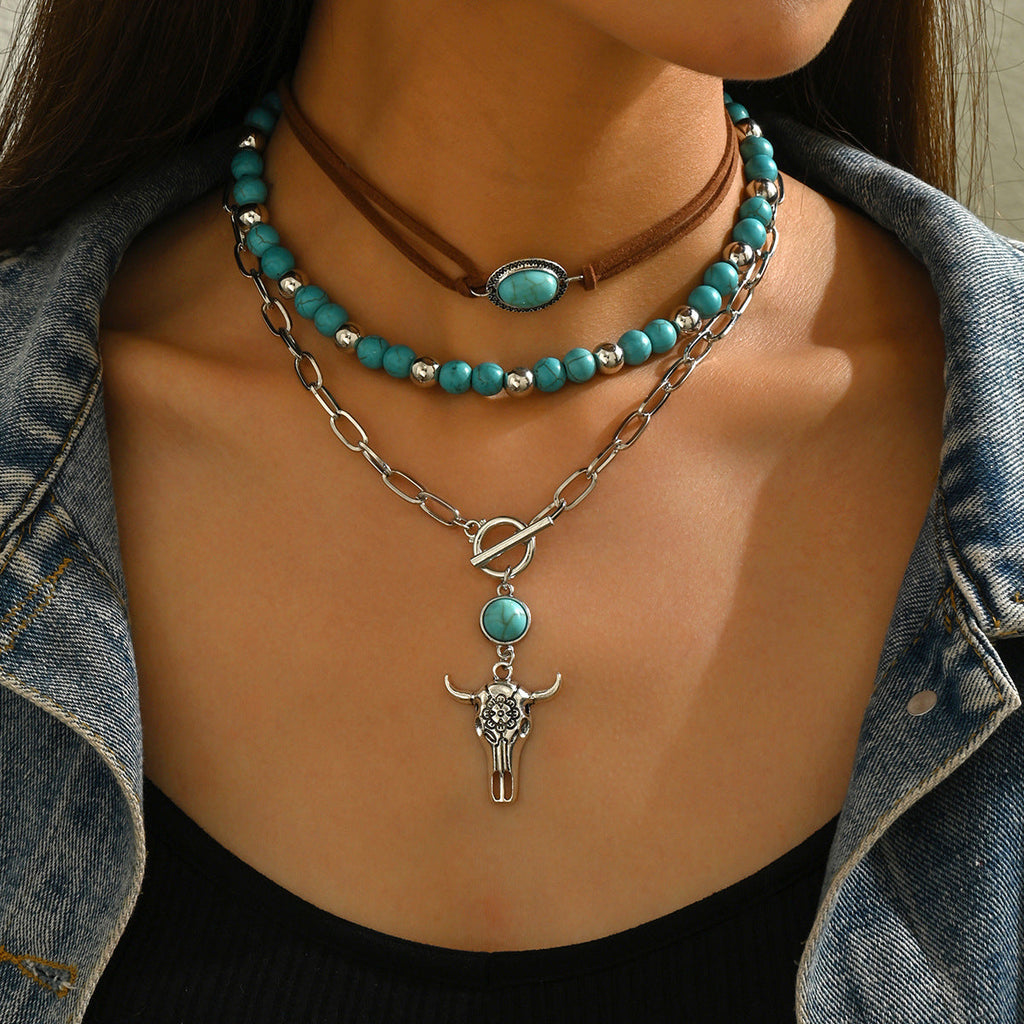 Western Cowboy Style Necklace Set Retro Turquoise Velvet Neck Rope Clavicle Chain
