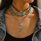 Western Cowboy Style Necklace Set Retro Turquoise Velvet Neck Rope Clavicle Chain