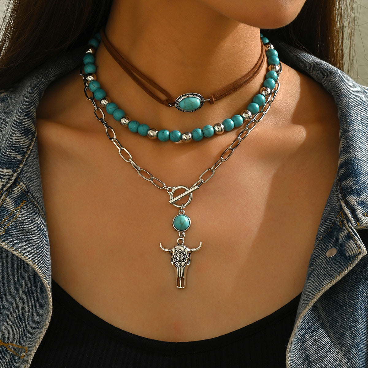 Western Cowboy Style Necklace Set Retro Turquoise Velvet Neck Rope Clavicle Chain