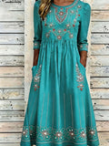 Vintage Western Floral Print Women's Long-Sleeve Linen Maxi Dress