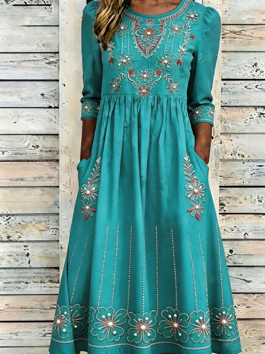 Vintage Western Floral Print Women's Long-Sleeve Linen Maxi Dress