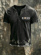 Men'S Casual Logo Cotton And Linen Henry Short Sleeved Shirt