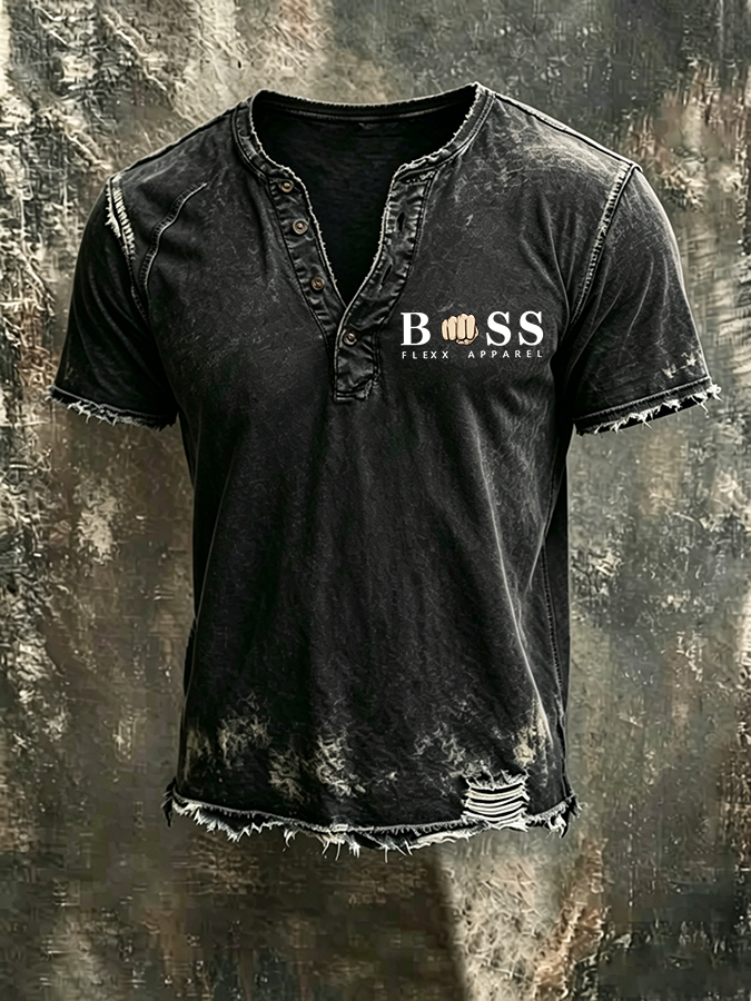 Men'S Casual Logo Cotton And Linen Henry Short Sleeved Shirt
