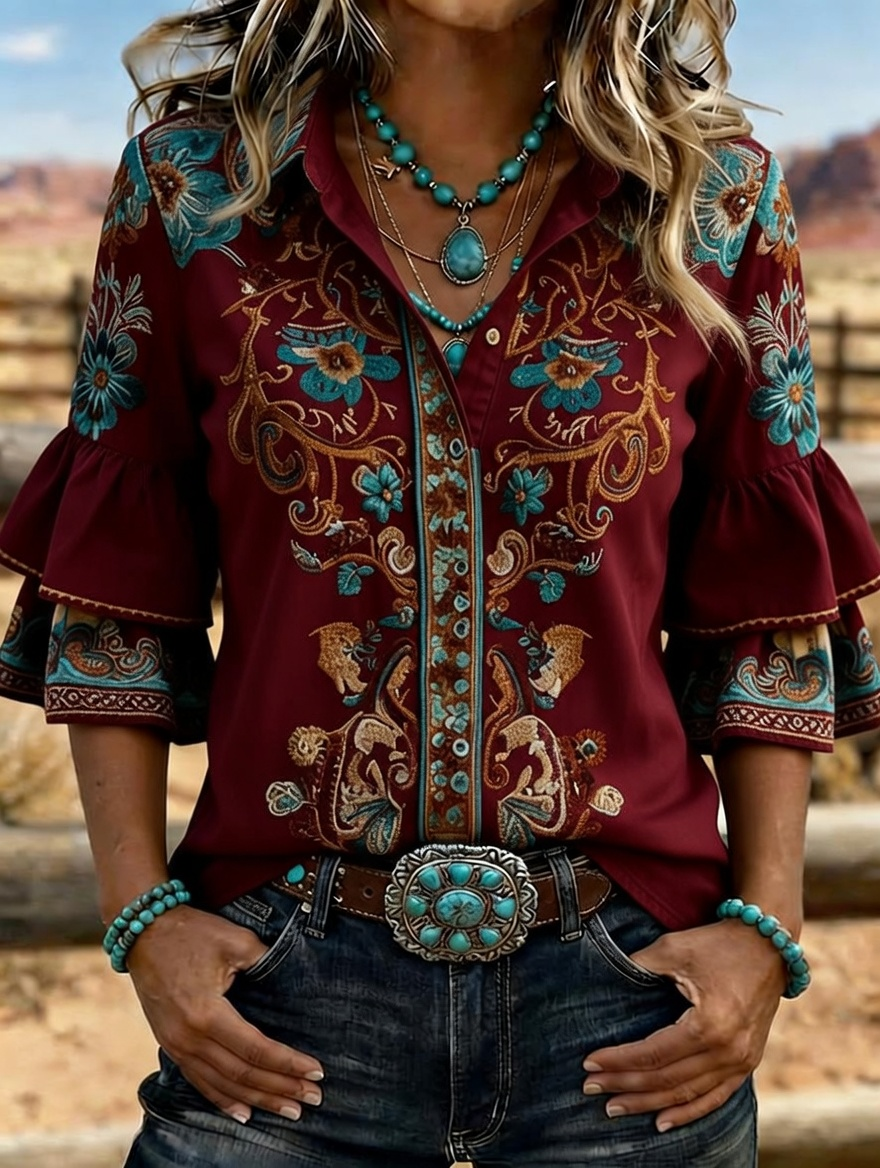 Women's Western Floral Embroidered Denim Bell Sleeve Shirt