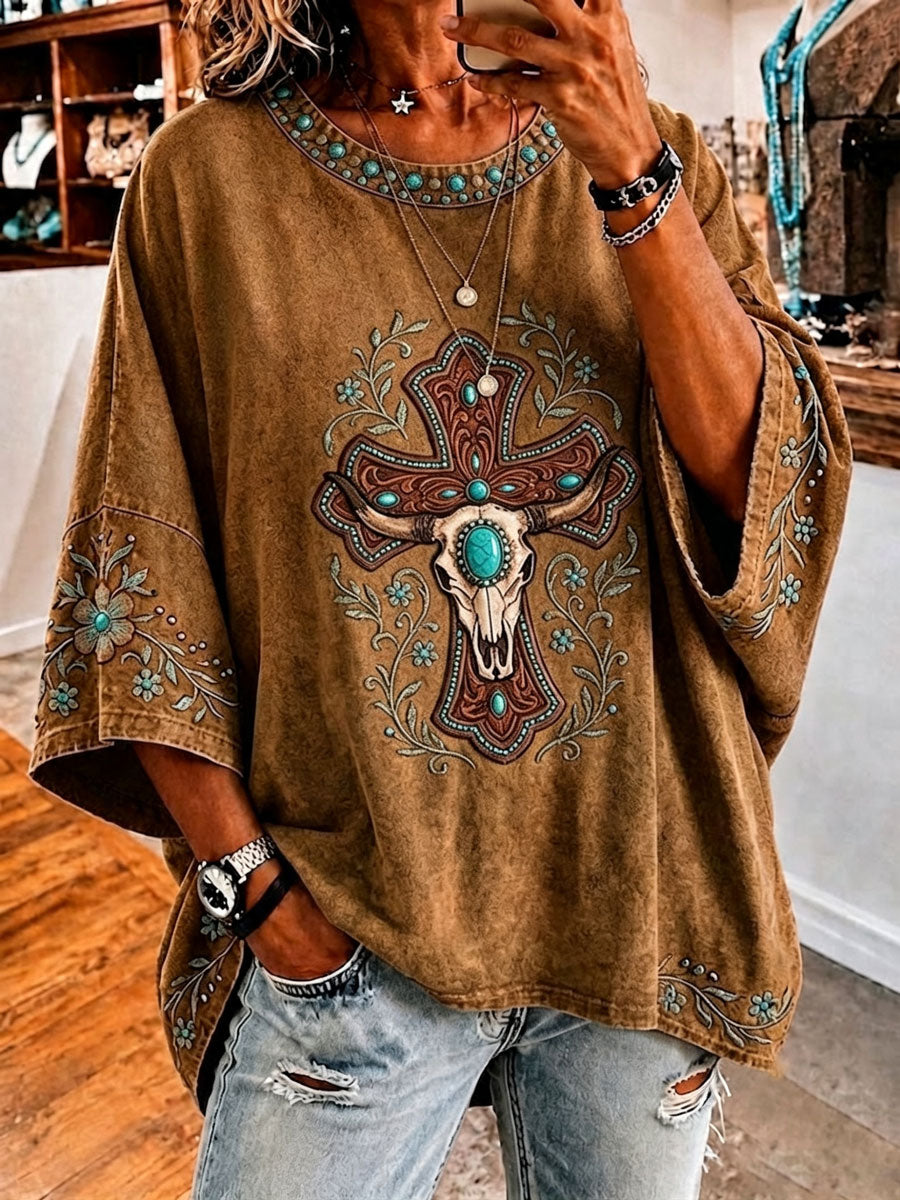 Ladies' Retro Western Style Cross Faith Loose Top