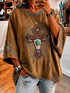 Ladies' Retro Western Style Cross Faith Loose Top
