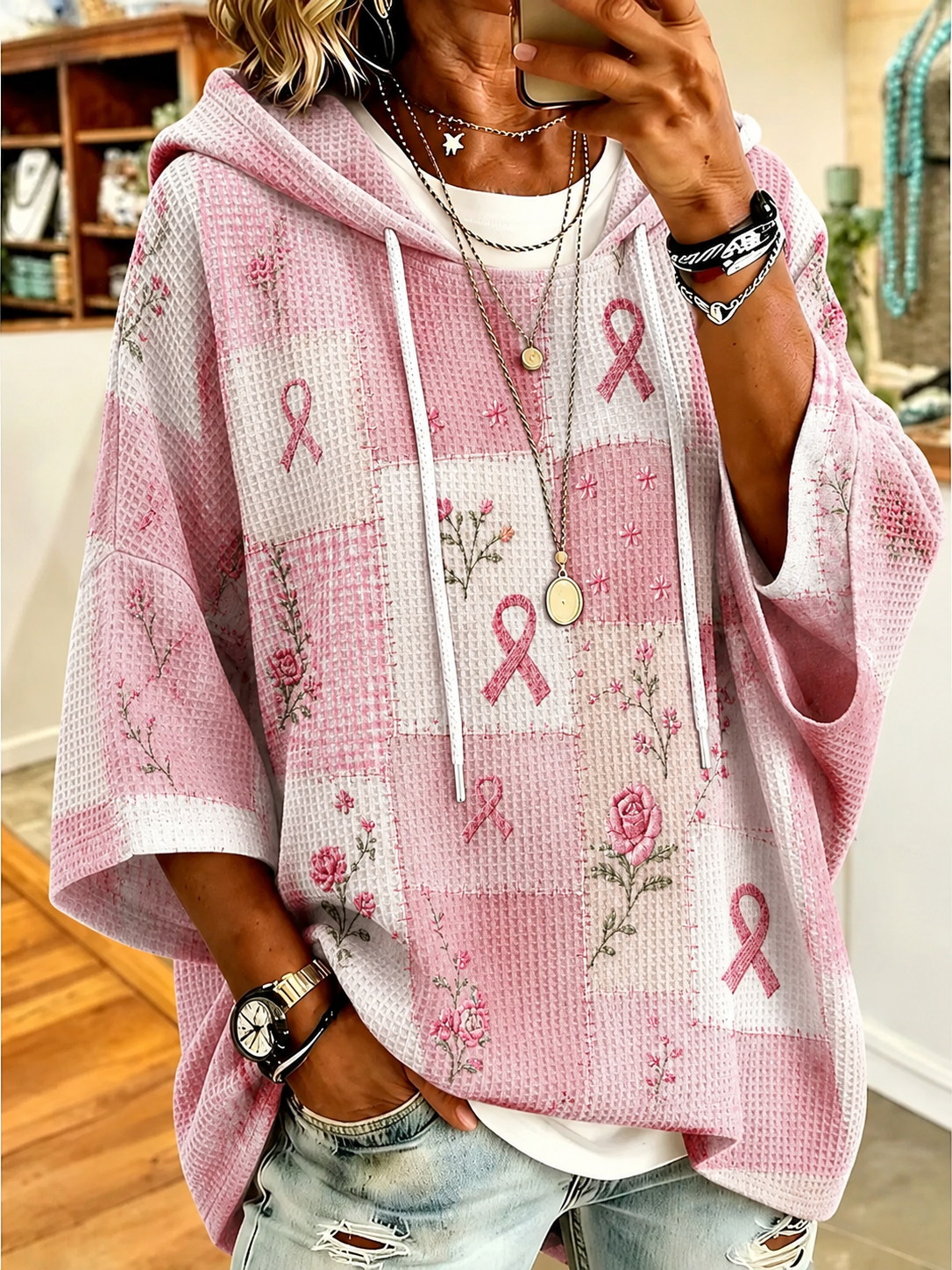 Women'S Pink Color Blocking Art Print Checkered Hooded Sweatshirt