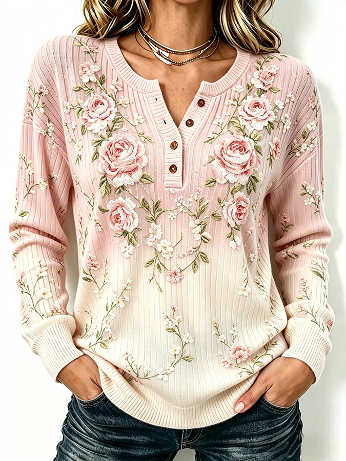 Women'S Floral Gradient Henry Button Knit Top