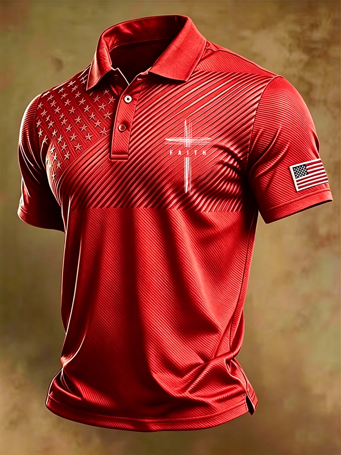 Men'S National Flag And Cross Print Casual Polo Shirt