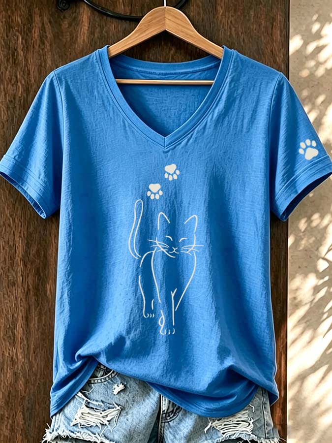 Women'S Cat Printed V-Neck T-Shirt