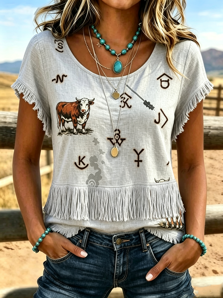 Women'S Retro Western Style Printed Short Sleeved Shirt