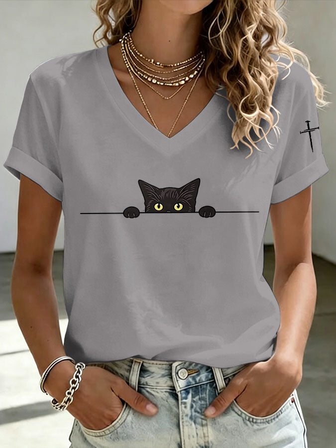 Women'S Cat Printed V-Neck T-Shirt