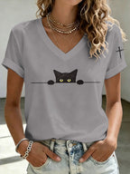 Women'S Cat Printed V-Neck T-Shirt
