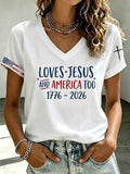 Women'S American Flag Cross Heart  Print T-Shirt