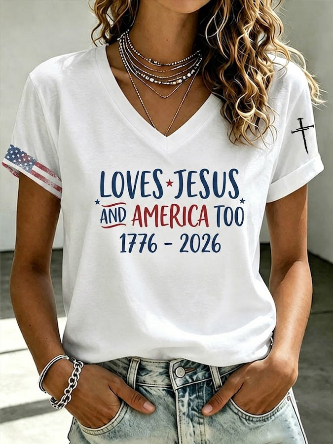 Women'S American Flag Cross Heart  Print T-Shirt