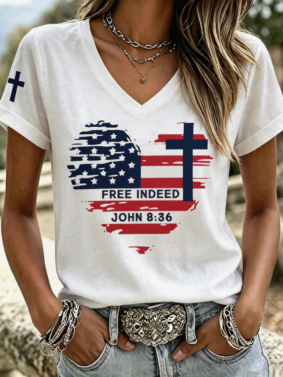 Women'S Independence Day Faith Free Indeed Printed V-Neck T-Shirt