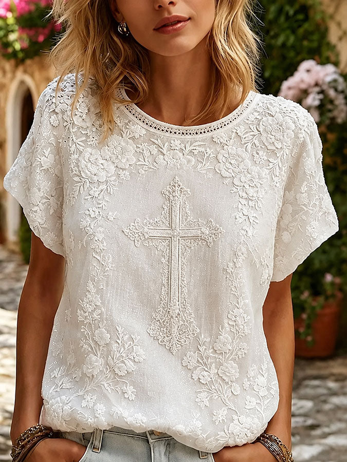 Women'S Retro Faith Floral Cotton And Hemp T-Shirt