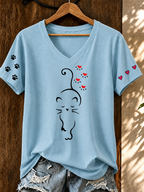Women'S Cute Cat Paw Hearts Printed V-Neck T-Shirt