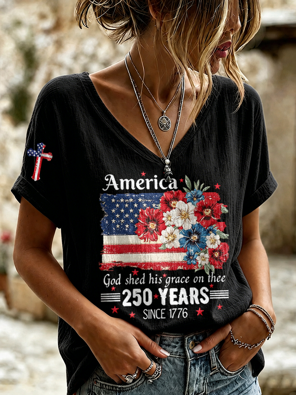 Women'S Religious Belief Retro Floral Design Vacation V-Neck Top