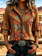 Women's Vintage Floral Print Casual Ruffle Lapel Shirt