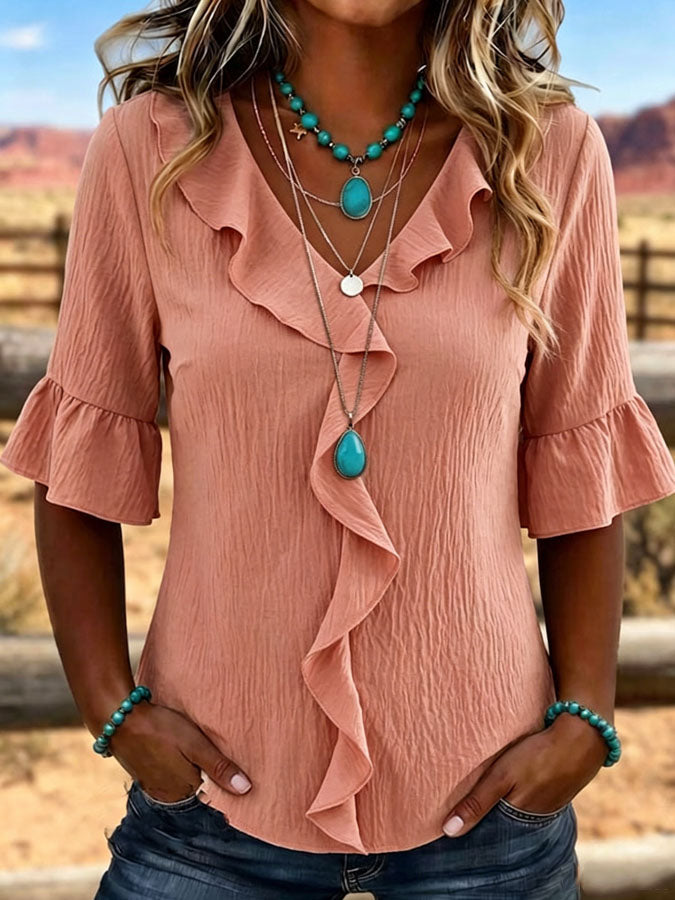 Women'S Retro Art Patchwork Ruffle Edge Shirt