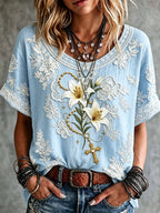 Women's Vintage Lily Flower Cross Art Print Short-sleeved T-shirt