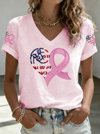 Women's American Flag Pink Ribbon Embroidered Casual T-shirt