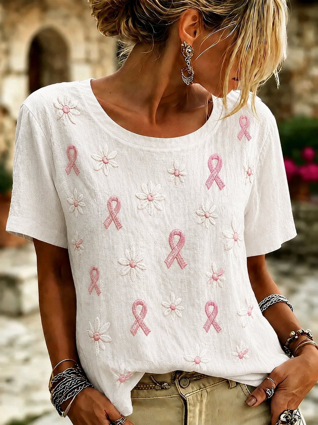 Women'S  Breast Cancer Publicity Print Short Sleeve T-Shirt