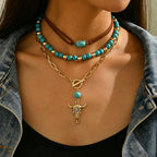 Western Cowboy Style Necklace Set Retro Turquoise Velvet Neck Rope Clavicle Chain