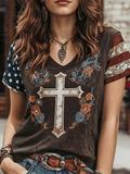 Western Cross Floral Embroidered Sequin Patchwork V-Neck T-Shirt