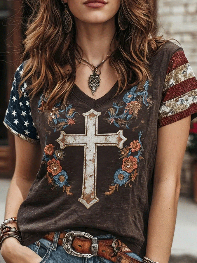 Western Cross Floral Embroidered Sequin Patchwork V-Neck T-Shirt
