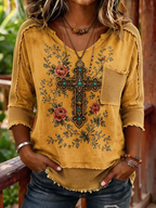 Women's Boho Cross Floral Print Woven Patchwork 3/4 Sleeve Top