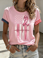 Women'S Breast Cancer Flag Print Casual T-Shirt