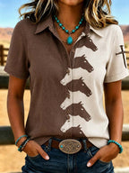 Women'S Retro Western Style Cross Short Sleeved Shirt