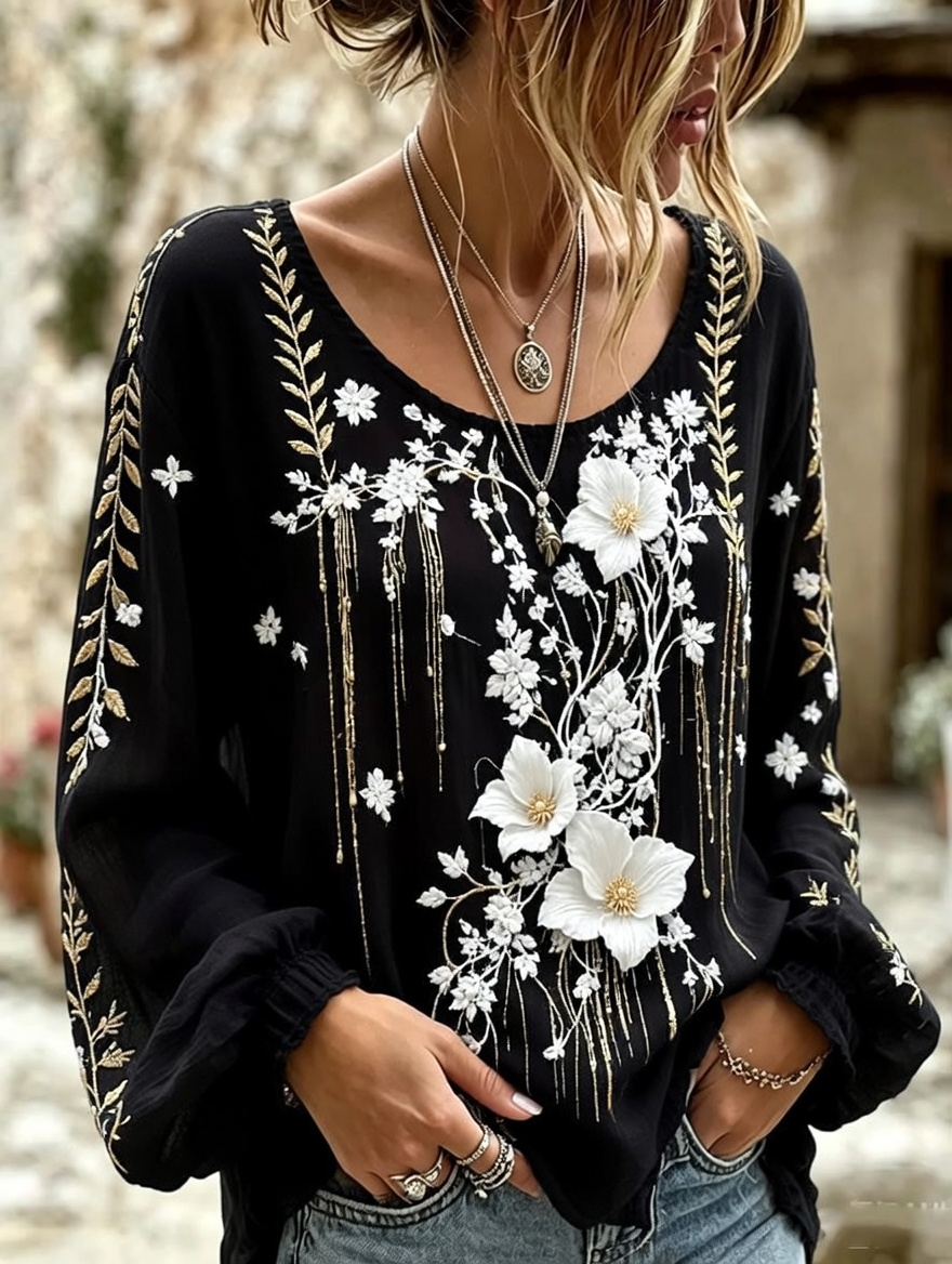 Women'S Casual Plant Flower Art Pattern Printed Top