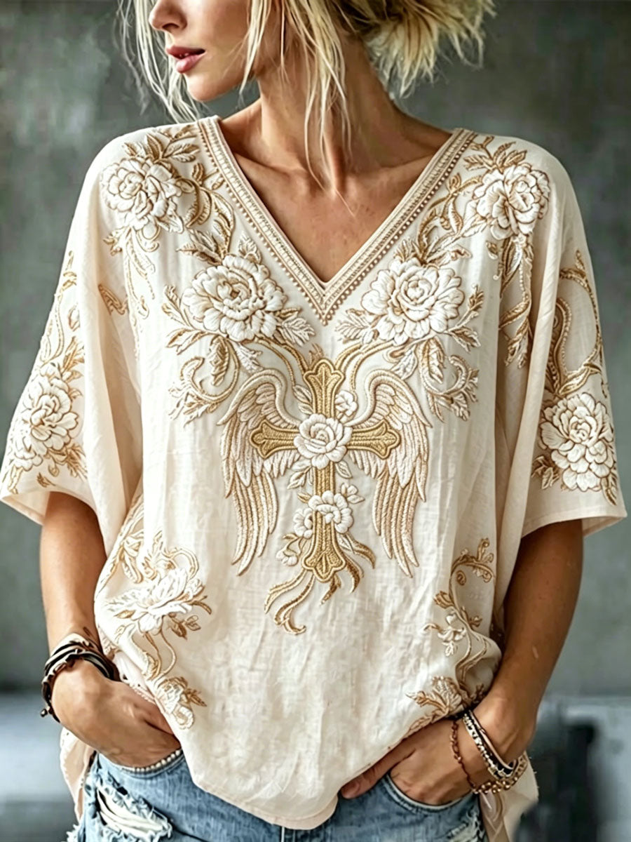 Women'S Cotton And Linen Floral Faith Casual Top