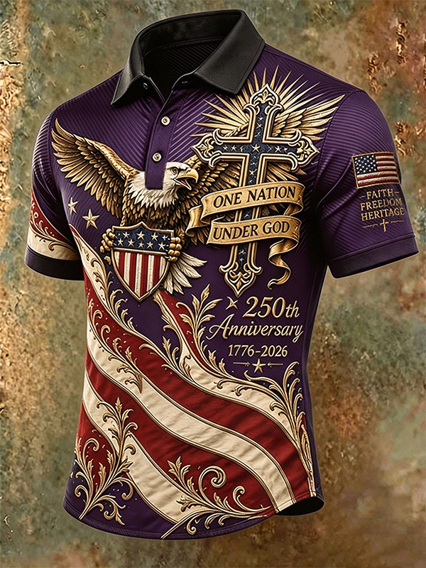 Men's Vintage Patriotic Eagle Cross USA 250th Anniversary American Flag Polo Shirt