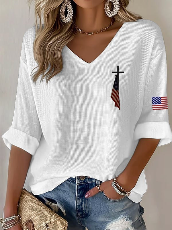 Women'S 250Th Anniversary Flag Cross Commemorative Print V-Neck