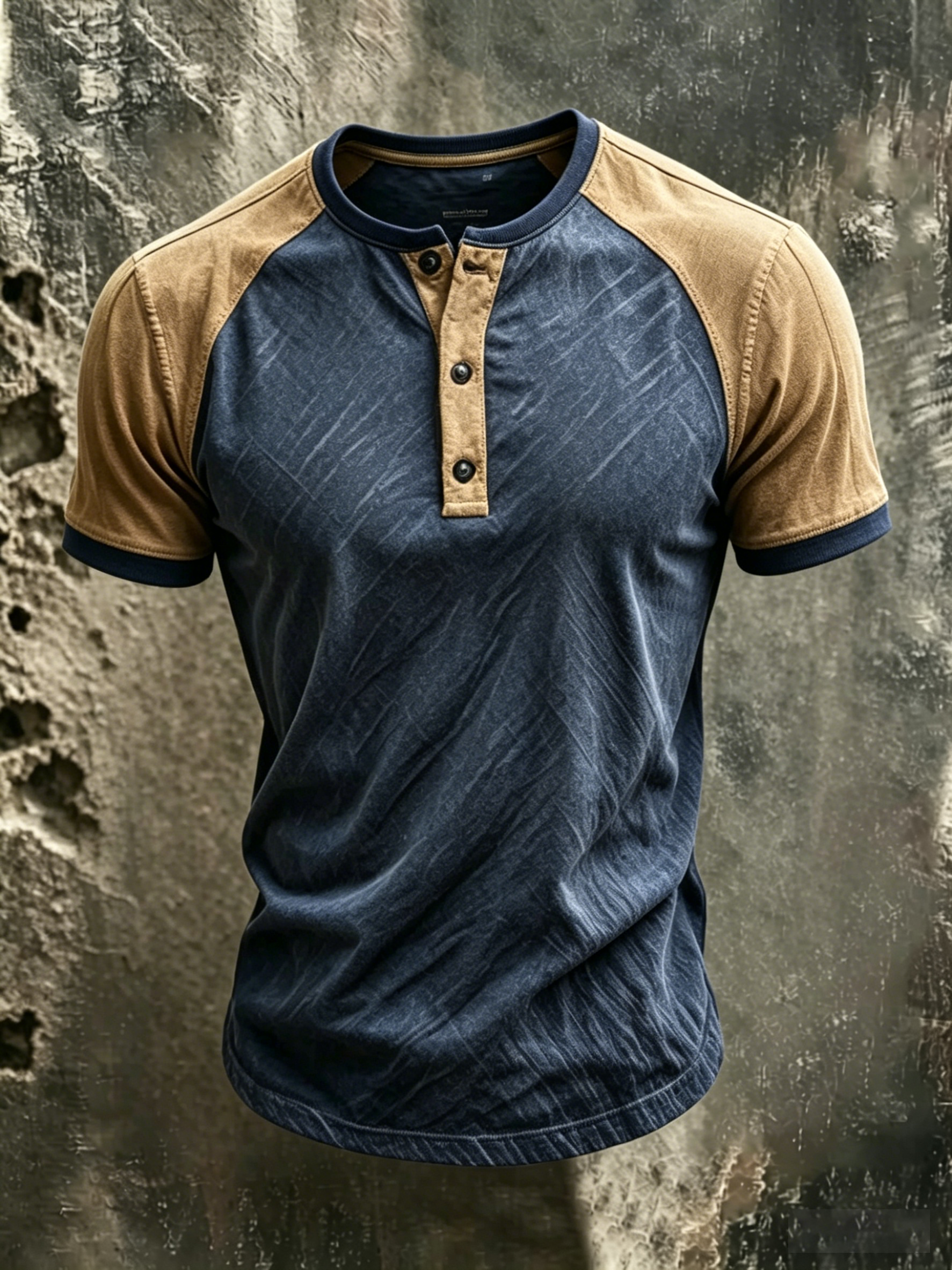 Men'S Casual Shoulder Length Contrasting Cotton And Linen Henry Collar Short Sleeved T-Shirt
