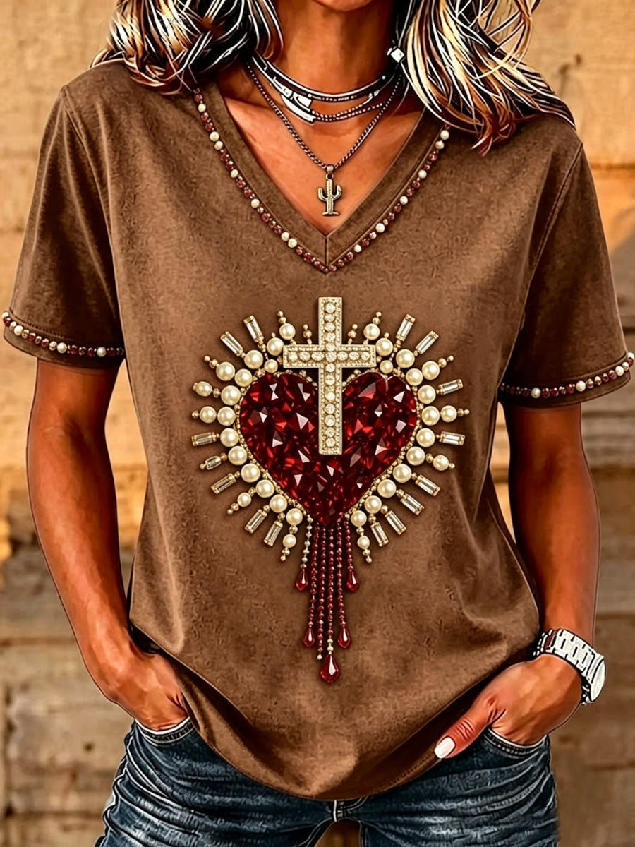 Women's Christian Cross Bead Embroidery Art T-Shirt