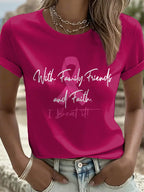 Women'S Casual Short-Sleeve Crew-Neck T-Shirt With Breast Cancer Awareness Print