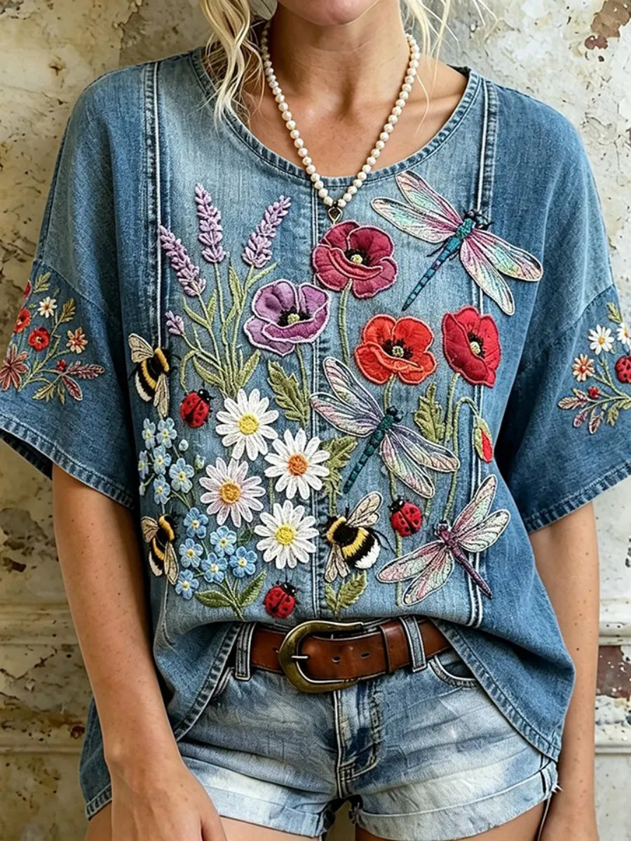 Retro Insect and Floral Art Women's Linen T-Shirt