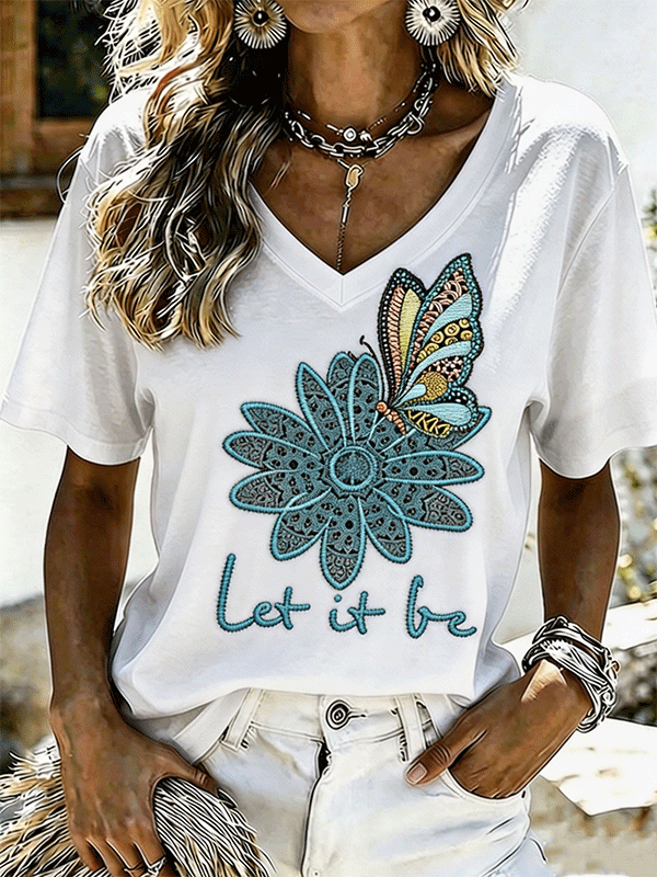 Women's Teal Butterfly 'Let It Be' V-Neck T-Shirt