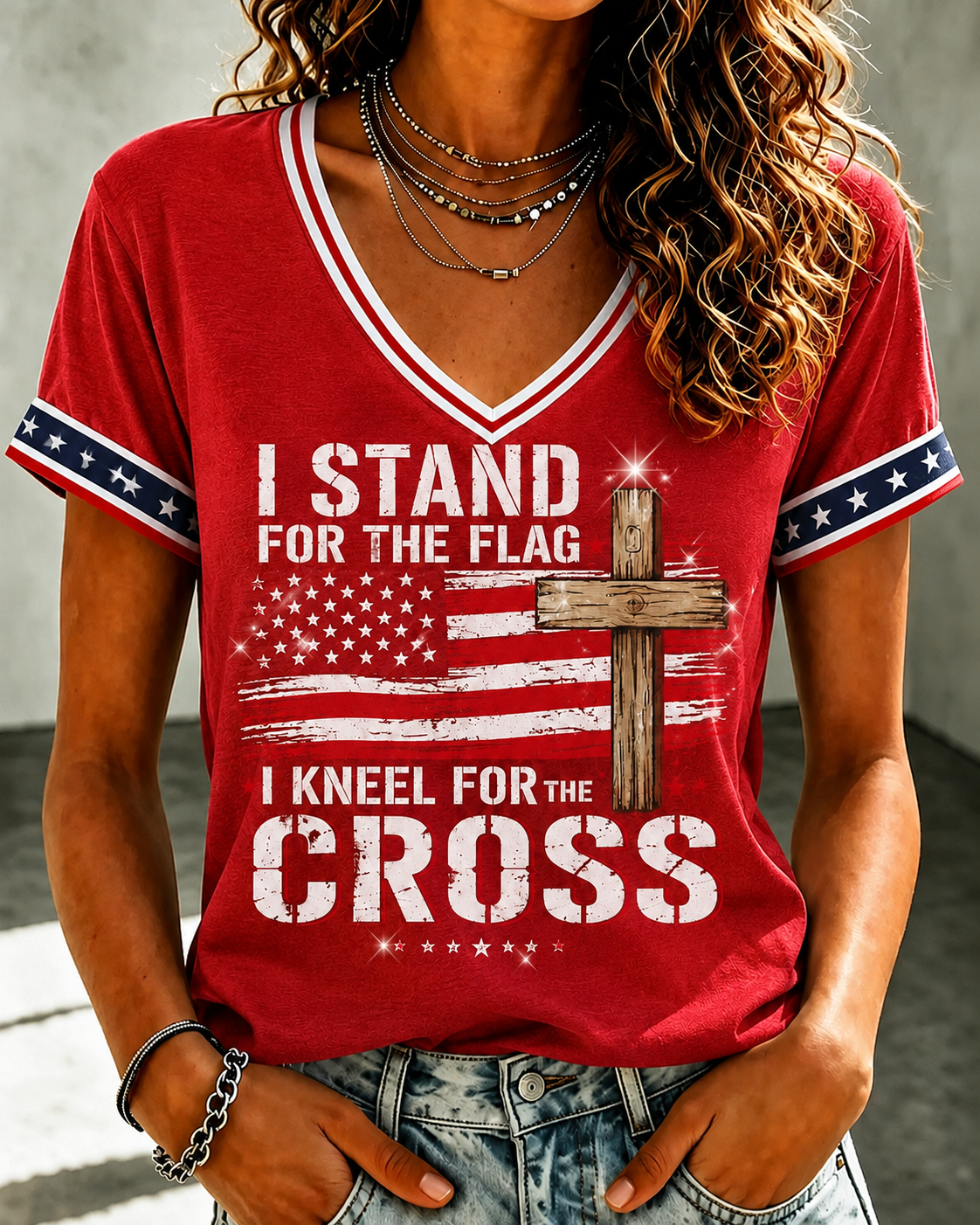 Women'S Belief Cross Flag Print Casual V-Neck Top