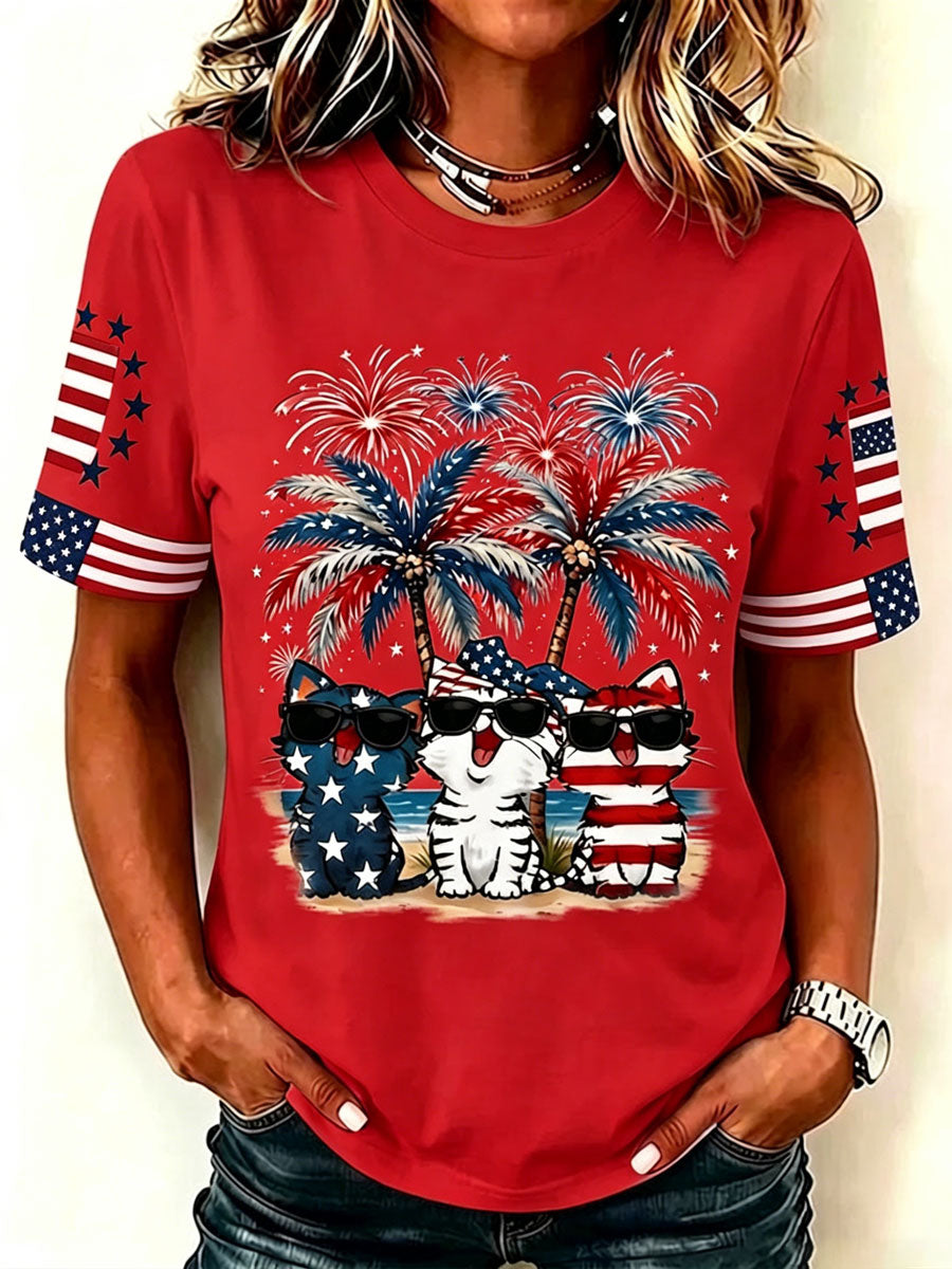 Women'S Casual Cat Faith-Print T-Shirt For Independence Day