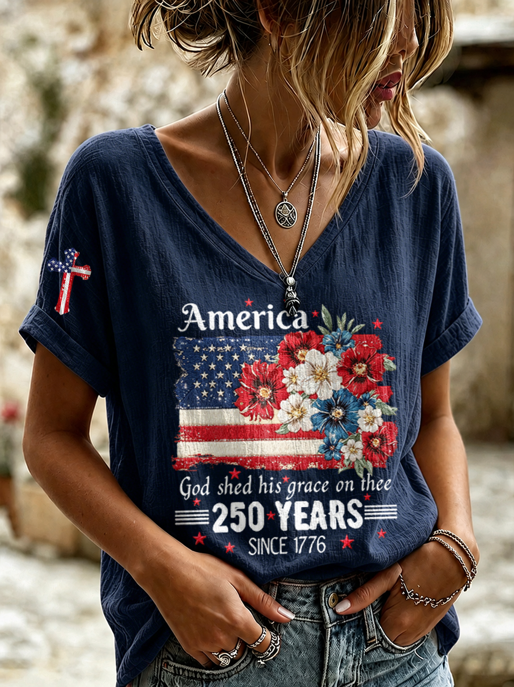 Women'S Religious Belief Retro Floral Design Vacation V-Neck Top