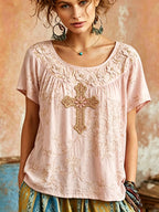 Women's Vintage Cotton-Linen Top with Wing and Cross Motif
