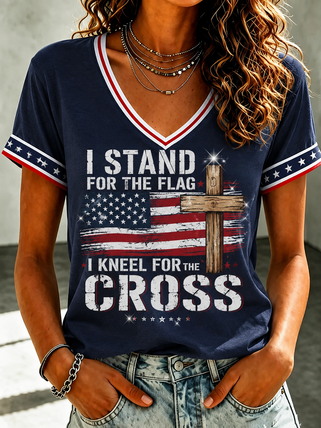 Women'S Belief Cross Flag Print Casual V-Neck Top